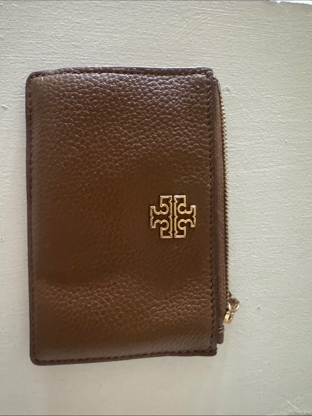 Tory Burch Pebbled Brown Leather Zip Card Wallet with Gold Logo